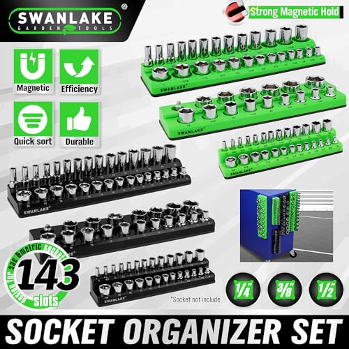 Magnetic Socket Organizer Set, 6-piece 1/4", 3/8", 1/2" SAE & Metric Sockets Holder, Drive Socket Trays, Storage Tool Box, Holding 143 Slots, Soft Rubber Covering Black Green Tools - style: 6PCS Green/Black
