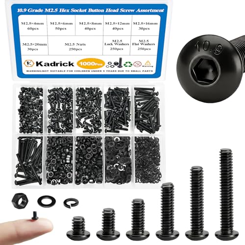 KADRICK 1000PCS M2.5 Screw Kit,Hex Socket Button Head Screw,Length 4MM-20MM - size: M2.5 1000Pcs 4-20mm