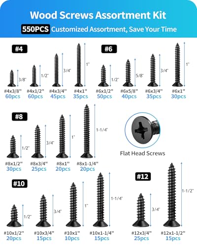 550Pcs 304 Stainless Steel Wood Screws Assortment Kit, Phillips Flat Head Sheet Metal Screws Self Tapping Screws Set, #4#6#8#10#12 Wood Assorted Screw (Black-Flat Head 550PCS) - style: Black-Flat Head 550PCS