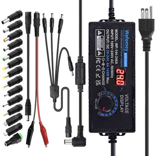 Universal Power Supply 3V~24V 6A 144W Adjustable Variable 3V 5V 9V 12V 18V 20V 24V AC/DC Adapter Charger, 100V-240V AC to DC Converter with 14 Tips, Polarity Converter and 4-Way Power Splitter Cable - style: 3~24V6A 144W