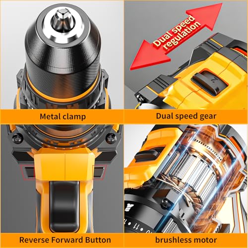 20V Cordless Drill Set, Brushless Power Drill Driver with 2*2.0Ah Battery and Charger, 3/8" Keyless Chuck, 2 Variable Speed with LED, Professional Drill Bits Kit for Home DIY and Woodworking
