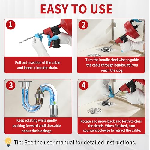 Drain Snake 25 Ft with Drill Attachment, Auto Feed 1/4 Inch Plumbing Snake for Sink, Shower & Tub Clogs, Manual or Drill-Powered Drain Auger, with Gloves, Safety Glasses & Storage Bag - color: 25FT
