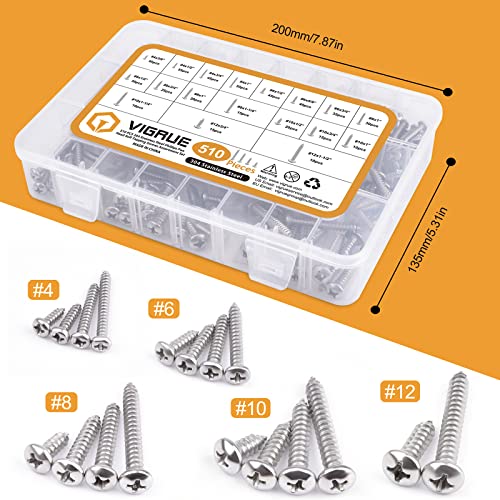 VIGRUE 510Pcs Stainless Steel Wood Screws Assortment Kit, #4#6#8#10#12 Phillips Pan Head Sheet Metal Screws Self Tapping Screws Set,Length 3/8" to 1-1/2" - style: 510Pcs Pan Head #4#6#8#10#12