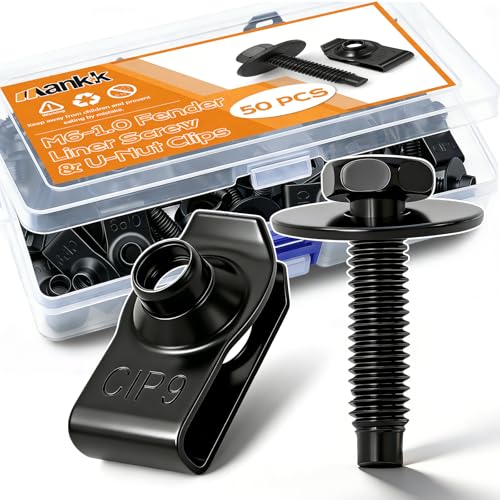 mankk 50PCS M6-1.0 Fender Liner Screw and U-Nut Clips Kit,Body Fasteners,U-Nut Clips & Hex Head Bolts,Automotive Body Clips Fender Bolts for Fender, Engine Cover & Splash Shield - color: Black-M6-1.0 Kit