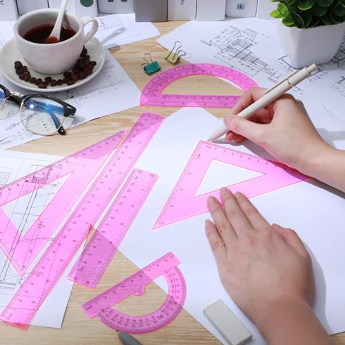 Tenare 6 Pcs Math Geometry Ruler Straight Protractor Triangle, Pink - color: Pink