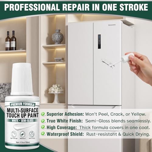 White Touch Up Paint Pen - Multi Surface White Paint for Cabinets, Furniture, Wall, Door, Metal, Wood & Enamel Appliance Scratch Repair - High Coverage, Quick Dry & Waterproof (1.5 Oz, Semi-Gloss)