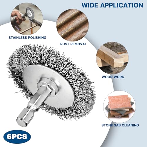2" Wire Brushes for Drill, Stainless Steel Wire Wheel Brushes Kit with 1/4-Inch Hex Shank, 6 Pieces