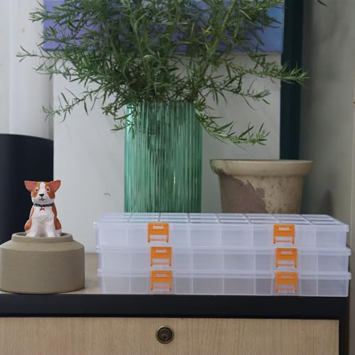 3 Pack 24 Grids Clear Plastic Storage Box with Dividers, Transparent Organizer Container Case for Small Parts, Bead, Button, Jewelry, Diamond, Craft Supplies,Sewing Kit, DIY Accessories - size: 24 Grids