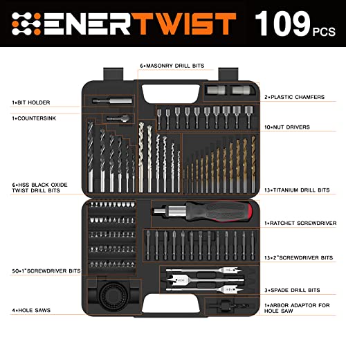 ENERTWIST 109Pcs Drill Bit Set with Ratchet Screwdriver Portable Case - style: 109PCS