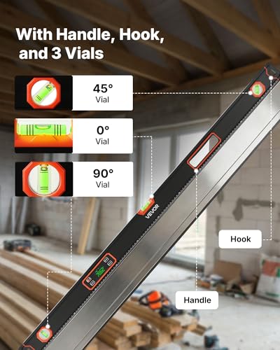 VEVOR Digital Level, 48 in Length, Magnetic Electronic Level with LED Backlit Display, 360° Electronic Leveler Tool with 0°/45°/90° Bubble Vials, IP54 Rating for Construction Carpentry Home Renovation - size: 48 inch Single