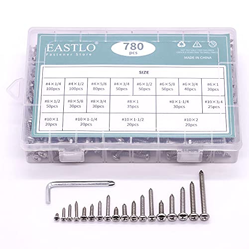 (780 PCS) #4#6#8#10 Pan Head Sheet Metal Screws Assortments 304 Stainless Steel 18-8 Self Tapping Screws Hardware Kit
