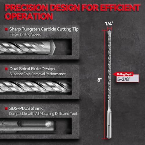 SALI SDS Plus Rotary Hammer Drill Bit Set,1/4" x 8", 10-Pack, Carbide-Tipped Masonry Bits for Concrete, Brick & Stone with Storage Case - size: 1/4"*8"