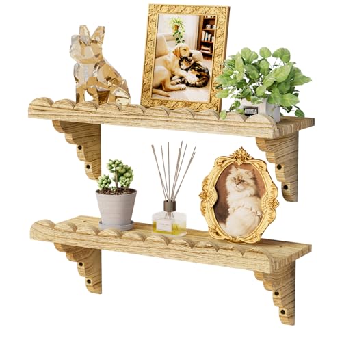 QsQueen Scalloped Wood Wall Shelf – 17 Inch Floating Shelf with Wood Brackets, Easy to Install Rustic Wall Shelf for Living Room, Bedroom, Bathroom, or Any Space - Light Brown - color: Light Brown
