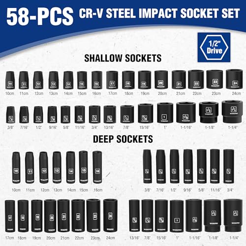WORKPRO 1/2” Drive Impact Socket Set, 65PCS SAE(3/8”-1-1/4”) and Metric(10-24mm) Deep & Shallow Kit, Ratchet Handle, Extension Bar, Impact Universal Joint and Adapters for Automotive Repair - size: 65 PCS, Metric&SAE