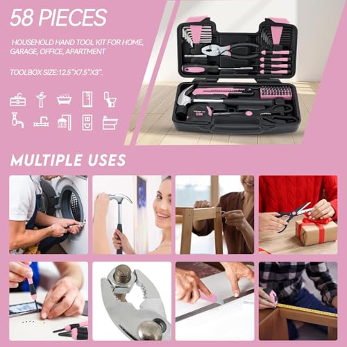 MARTCOLOR Pink Household Tool Set for Women with Storage Case, 58-Piece - color: Pink
