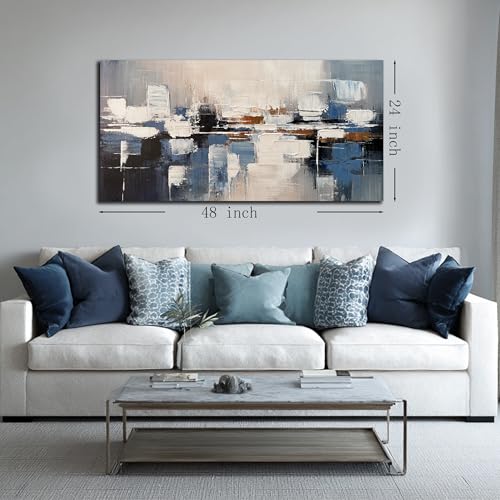 AUUZAIUA Abstract Canvas Wall Art Blue and White Oil Painting 24x48 Inch - size: 24"L x 48"W