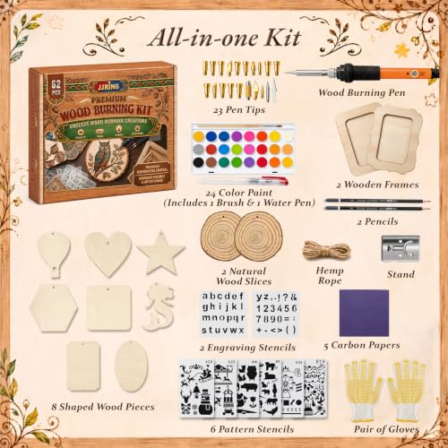 JJRING Wood Burning Kit - 62PCS Professional Wood Burning Tool With Adjustable Temperature Pyrography Pen, 24-Color Paint Set, Wood Slices & Stencils, Complete Wood burner Crafts Kit For Beginners