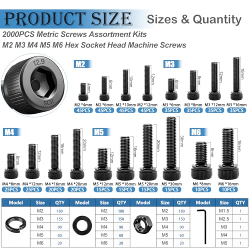 mxuteuk 2000PCS Metric Screw Assortment Kit,M6 M5 M4 M3 M2 Machine Screws,12.9 Carbon Steel Black Zinc Plated Hex Socket Head Cap Bolts Nuts and Washers Kit for 3D Printing DIY - size: 2000PCS M2-M6