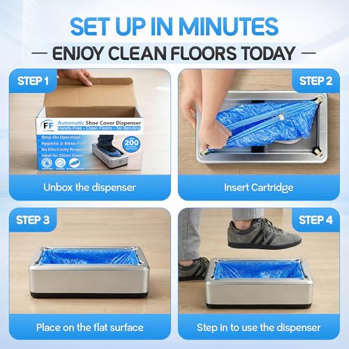 Shoe Cover Dispenser with 200 Pcs Disposable Shoe Covers - Automatic Shoe Cover Machine deal for Home, Office, Factory & Hospital Floor Protection (Silver)