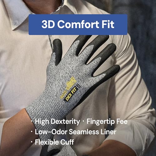 DEX FIT Cut Resistant Gloves Cru453 - ANSI A5, 3D Comfort Fit, Power Grip, Thin & Breathable, Touchscreen - Mechanic, Warehouse, Package Handler Gloves for Men & Women; Gray, L (9), 1 Pair - size: Large