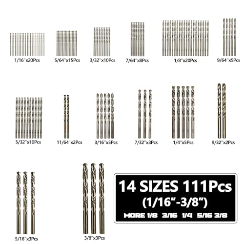 Cobalt Drill Bit Set for Hardened Metal and Stainless Steel, 111Pcs M35 High Speed Steel Twist Jobber Metal Drill Bits 1/16"-3/8", with Plastic Index Storage Case - size: 1/16-3/8 in (111 pcs)