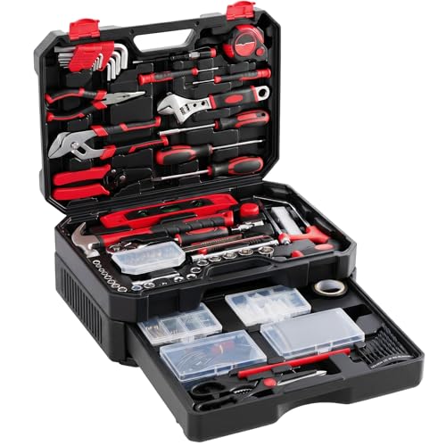 NEWBULIG 330-Piece Complete Tool Box Set, Durable Homeowners Tool Kit with Pull-Out Drawer, Versatile Home Repair Kit for Auto & Household, DIY Projects, Black-Red - color: Black Red, size: 16