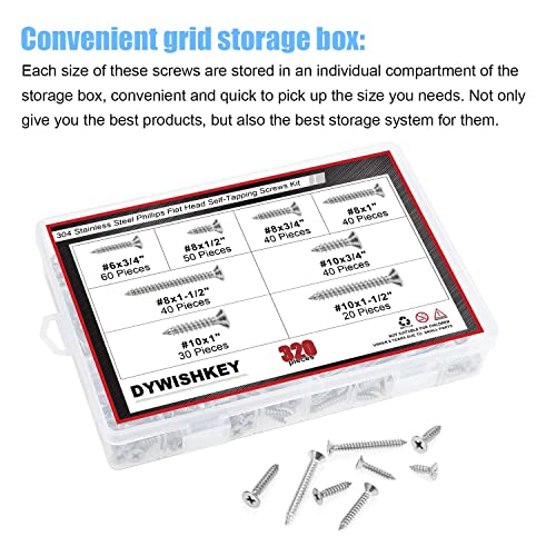 DYWISHKEY 320 Pieces #6#8#10 Stainless Steel 304 Phillips Flat Head Self-Tapping Screws, Wood Screws Assortment Kit - size: #6#8#10