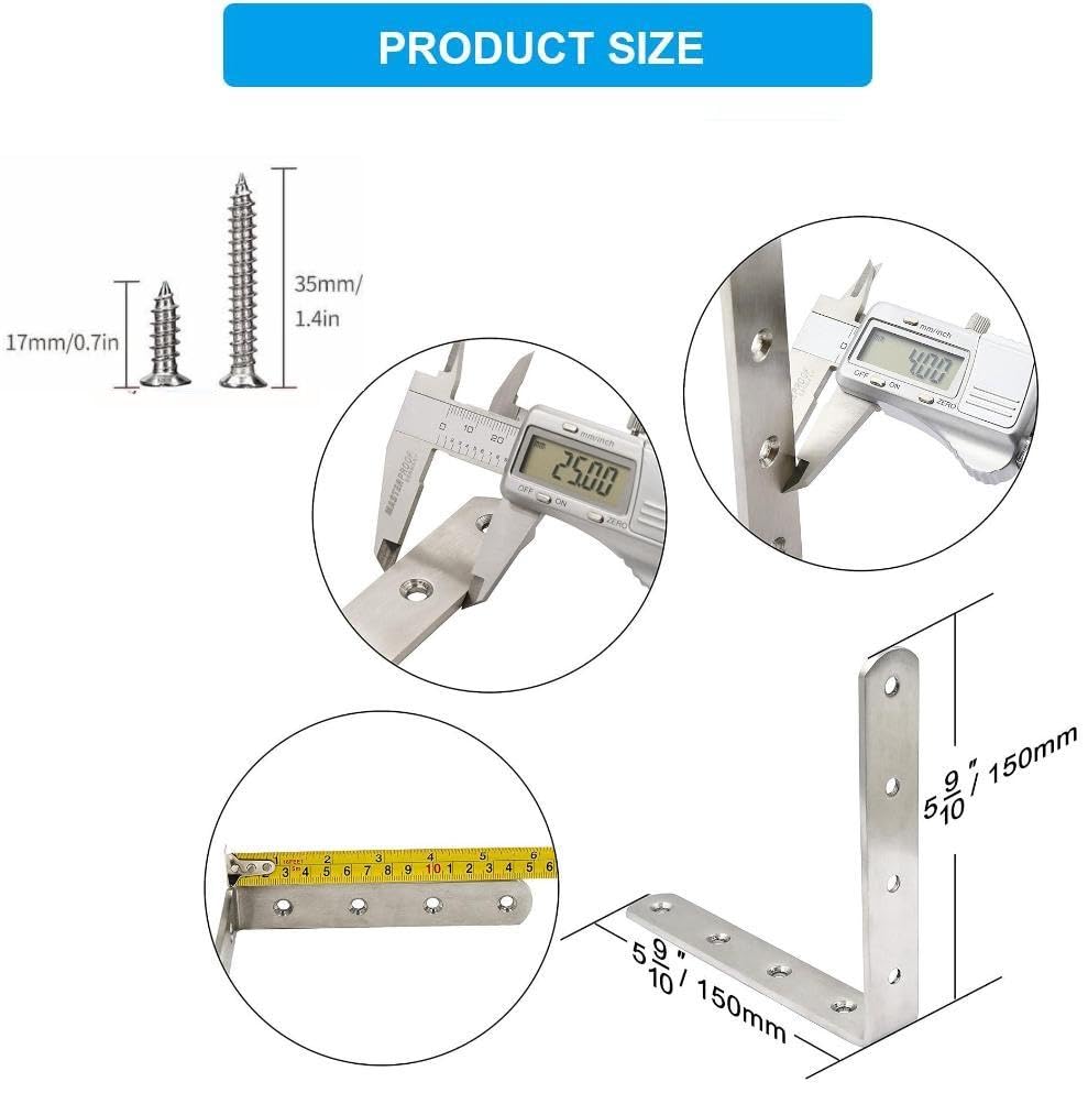 Stainless Steel Corner Bracket - 8 PCS Heavy Duty Right Angle Brackets for Wood Furniture and Metal Joints -6 x6 Inch - with Screw - size: 6 x 6 inch 8 pieces