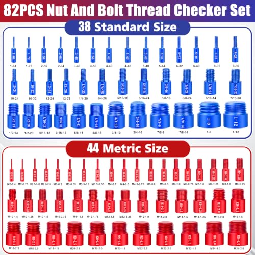82Pcs Thread Checker, Nut and Bolt Thread Checker, 38 Inch & 44 Metric Box Set Thread Gauge, Thread Checker Standard and Metric Suitable for Size Checker of Bolts or Nuts in Narrow Areas - size: 82 Gauges - 38 Inch & 44 Metric