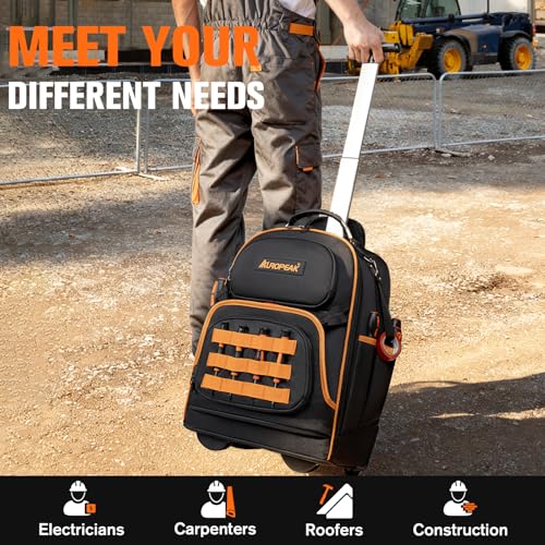 AUROPEAK Rolling Tool Backpack, 47 Pocket Heavy Duty Tool Bag with Wheels - size: 1.57" Wheel