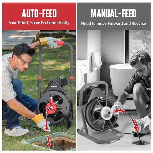 POPULO Auto Feed 50FT Electric Drain Snake with Mobile 8-Inch Wheel and 580W Power,1/2-Inch Drain Snake for 2”-4" Sewer Pipes, 50FT Drain Auger Includes 8 Attachments Heads and Glove - style: 50FT×1/2“