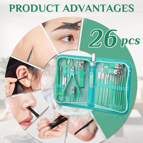 MINKINH 26-Piece Travel Manicure Set, Portable Nail Kit for Men and Women - color: Green