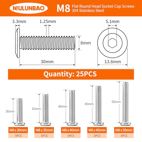 M8 x 30mm 35mm 40mm 45mm 50mm Flat Round Head Hex Socket Cap Screws Bolts, Furniture Screws, 304 Stainless Steel, Allen Hex Drive, Metric Fully Threaded, Bright Finish, Assortment Kit 25PCS - size: M8 x 30/35/40/45/50mm (25PCS)