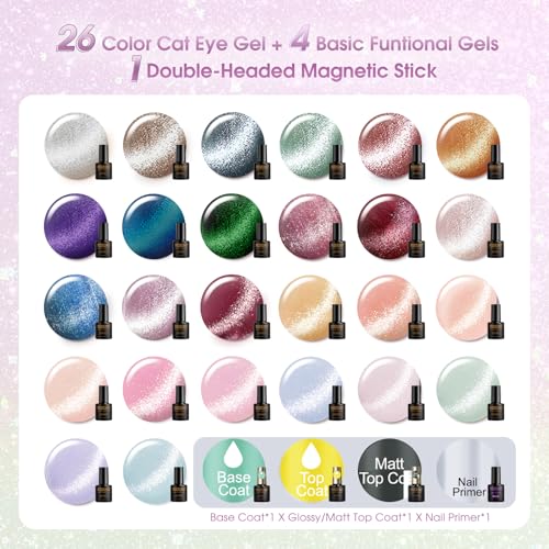 ROSALIND 30pcs CatEye Gel Nail Polish Set with Gel Base Top Coat and magnet | 26 Colors Glitter Cat Eye Gel Nail Polish with Magnet ,Glossy Matte Glitter Top Coat,Base Coat,Soak Off Gel Gift for Women - color: Dream Cateye