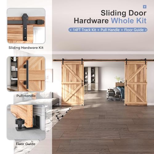 EaseLife 14 FT Double Sliding Barn Door Track and Handle Hardware Kit,Straight Pulley,Slide Smoothly Quietly,Easy Install (14FT Track Kit for 40"~42" Wide Double Door) - size: 14 FT-Double Door Kit