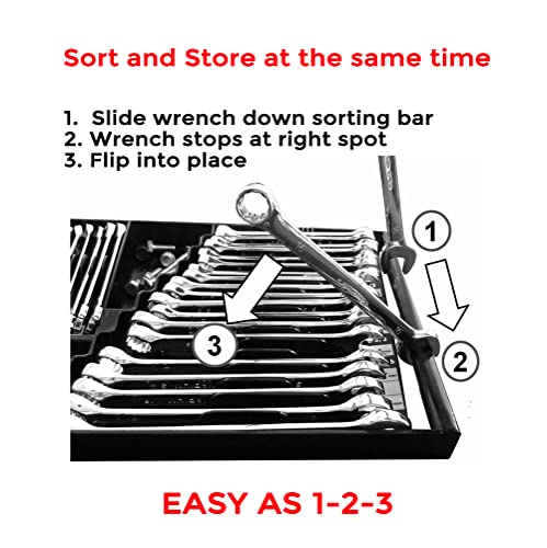 Tool Sorter Wrench Organizer (black) – 28‑Slot SAE & Metric Wrench Tray for Toolboxes – Fits 2” Shallow Drawers – Heavy‑Duty USA‑Made Open‑Face Tool Organizer