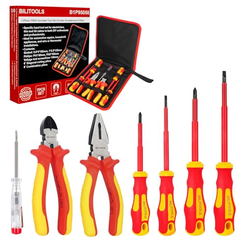 BILITOOLS 1000V Insulated Electrician Screwdriver & Pliers Set - 7pcs Electrical Tools Kit with Magnetic Phillips, Slotted Screwdrivers, VDE & GS Certified - color: 7pc Screwdriver & Pliers Set, size: Insulated Screwdriver Set