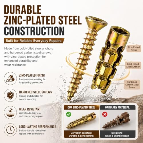50pcs 6×14mm Short Expansion Screw Set for Cabinet Hinge Repair & Stripped Thread Restoration,Wall Anchors with Screws, Fits 6mm Holes in Tile, Stone, Wood