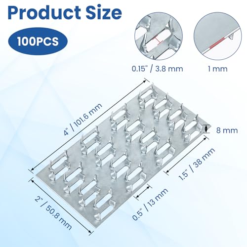 100 Pack Truss Plates, 4" x 2" Pronged Truss Mending Plate with Nail Teeth, Galvanized Steel Repair Tie Plate Bracket for Roofting Truss Wood Timber Connector - size: 4" x 2"