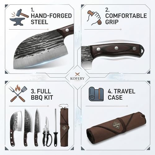 KOFERY Damascus Butcher Knife Set for Pit Master & Brisket Carving - color: Dark-Red