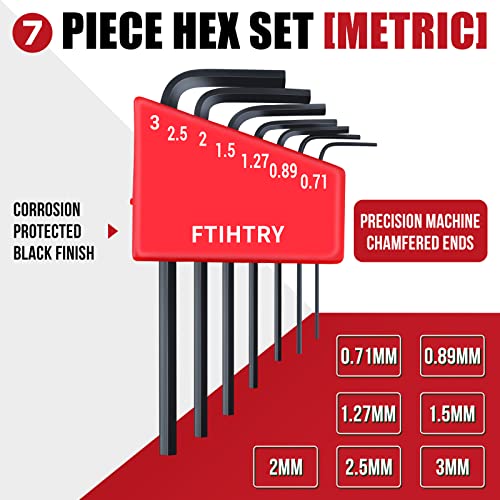 FTIHTRY 7PCS Mini Metric Hex-L Key Allen Wrench, 0.7mm, 0.9mm, 1.27mm, 1.5mm, 2mm, 2.5mm, 3mm,Chrome Vanadium Steel