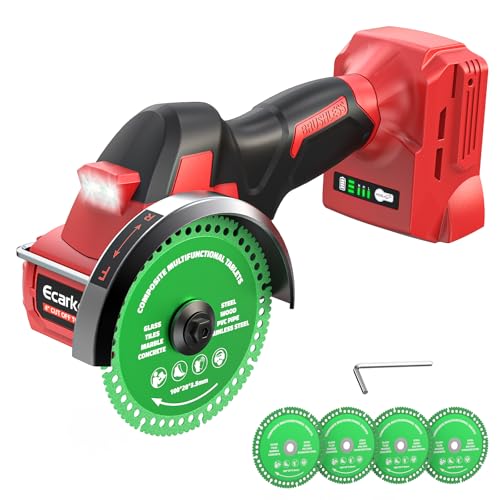 Ecarke Cordless Cut Off Tool Compatible with Milwaukee 18V Battery, 4" Circular Saw Brushless Motor with Blades, 18000 RPM Mini Cut Off Tool Kit for Wood/Metal/Plastic/Tile/Stone Cutting(Tool Only)
