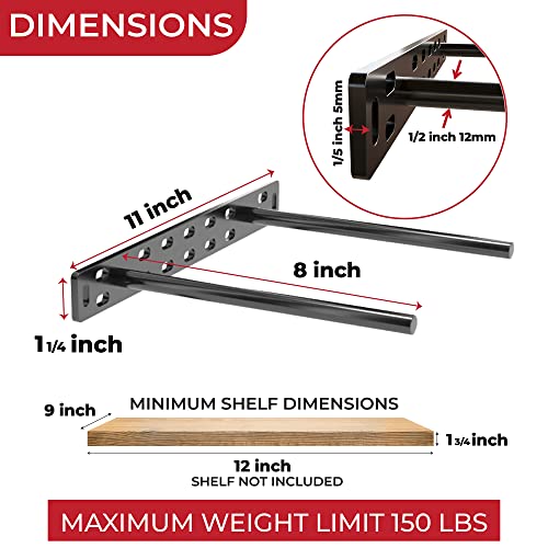 Set of 2 Floating Shelf Brackets 11 inch Multiple Mounting Location Baseplate/Heavy Duty Black Painted Mild Steel Bracket Hidden Wall Shelves Support Hardware Mount Kitchen/Nursery Decor(8 inch Rods) - size: 8 inch Rod