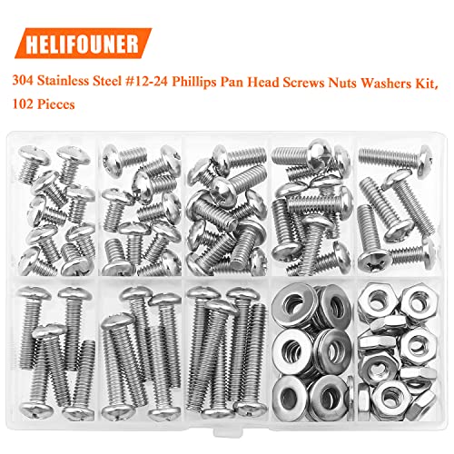 HELIFOUNER 102 Pieces #12-24 Phillips Pan Head Machine Screws Nuts Washers Assortment Kit, Coarse Thread, Fully Machine Threaded, 304 Stainless Steel - size: #12-24, style: Phillips Pan Head