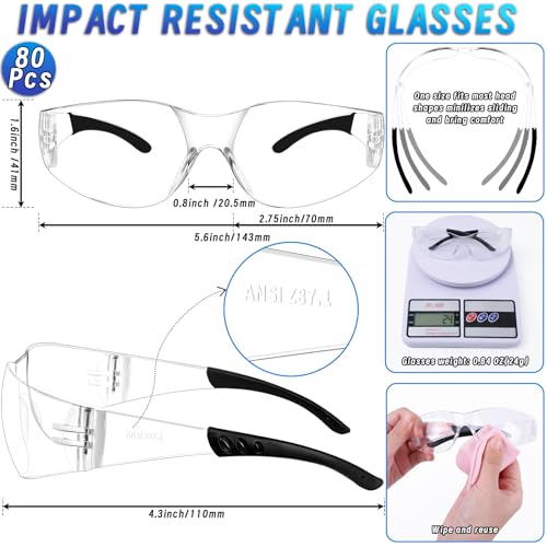 80 PCS Clear Safety Glasses Bulk for Men Women ANSI Z87.1 Safety Goggles - color: Clear
