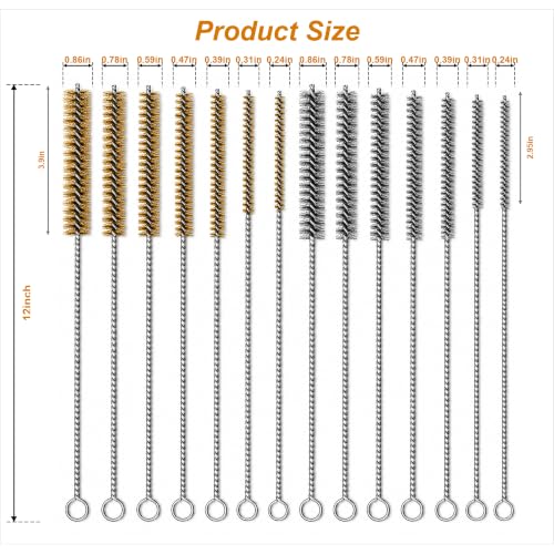 14PCS Tube Cleaning Brush Set, 7 Brass & 7 Stainless Steel Wire Brushes, 12 Inch Long Pipe Cleaner Kit, 7 Sizes Round Bore Brush for Engine Parts, Fuel Lines, Auto Parts, Pipes, Tubes & Nozzles