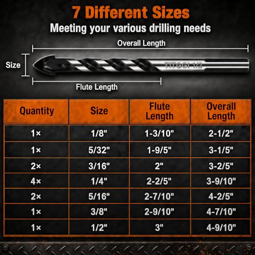 12-Piece Masonry Drill Bit Set & Concrete Drill Bit Set, 7 Sizes, 1/8"-1/2" - size: 12pcs 1/8"-1/2" Masonry Drill Bit Set