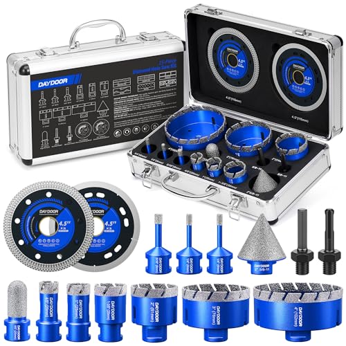 DAYDOOR Diamond Hole Saw Kit,15-Piece Tile Hole Saw Kit Vacuum Brazed(Blue) - color: Blue, size: 1/4",5/16",4/5",1",1-3/8",2",3",4"
