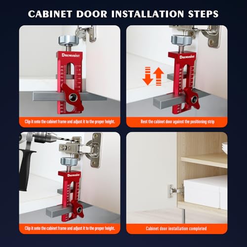 Cabinet Door Installation Jig 2-in-1, Mounting Tool with Adjustable Positioner,for Frameless Cabinets Only, Adjustable Aluminium Alloy Cabinet Hardware Jig,with 3 Drill Bits and Storage Bag