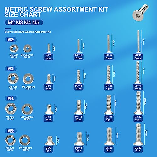 NINDEJIN 580 PCS M2 M3 M4 M5 Metric Hex Socket Button Head Screw Bolts Kit - size: 580 Hex Flat Head Socket Screws Nuts